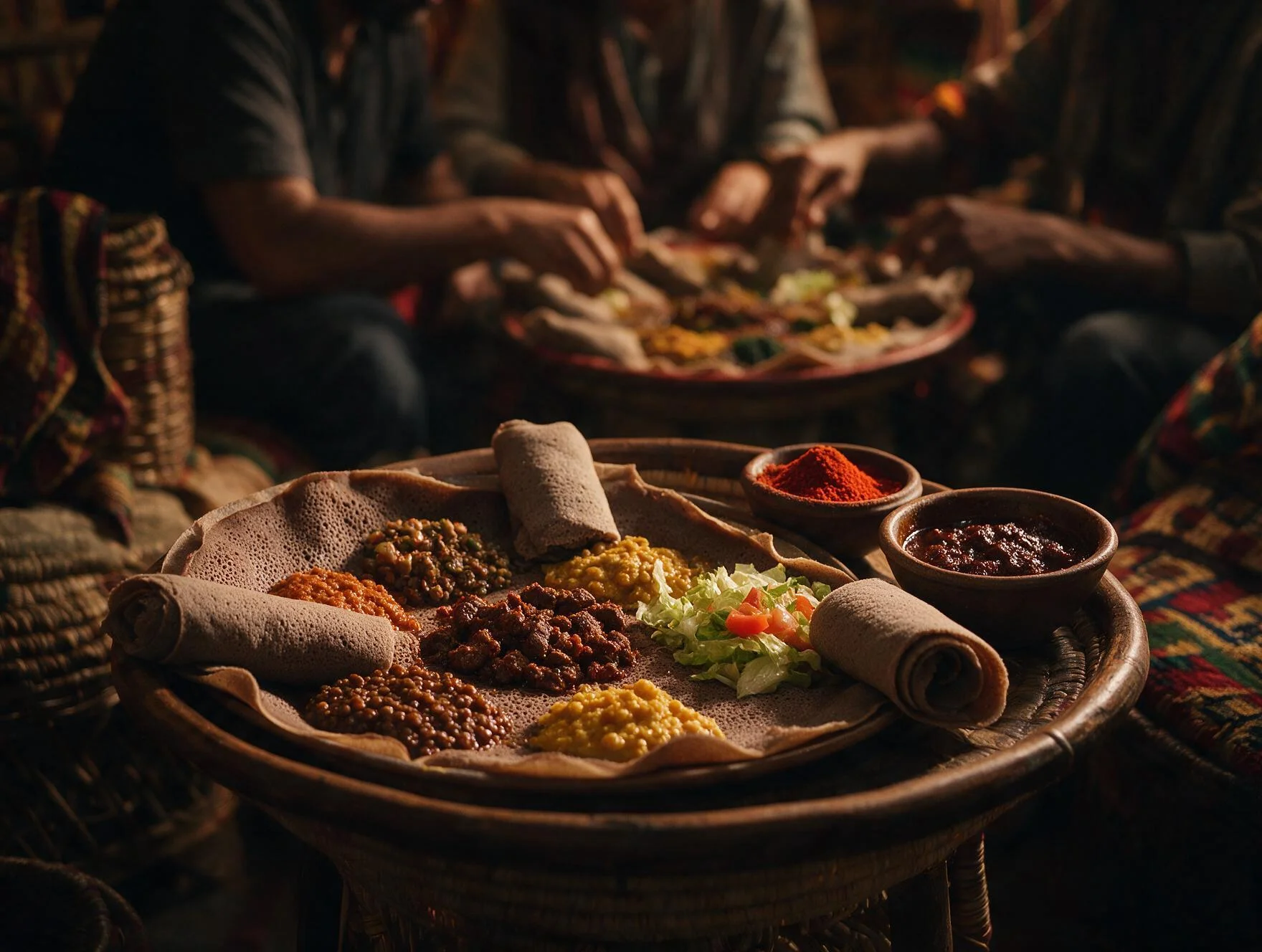 Servitør i tradisjonell eritreisk drakt serverer injera og kaffe til gjester hos Meadi